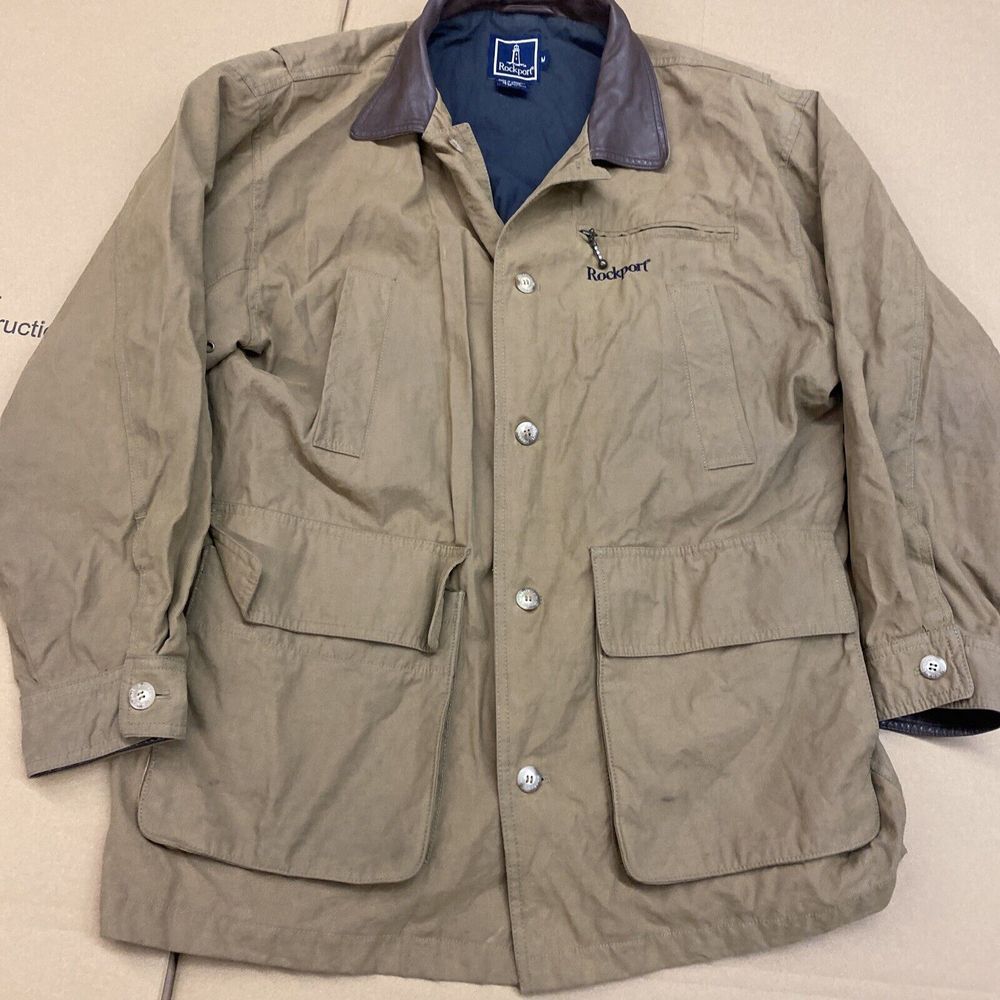 Vintage Rockport Men's M Jacket Winter Coat‎ Button Up Tan/Brown Nylon Cotton